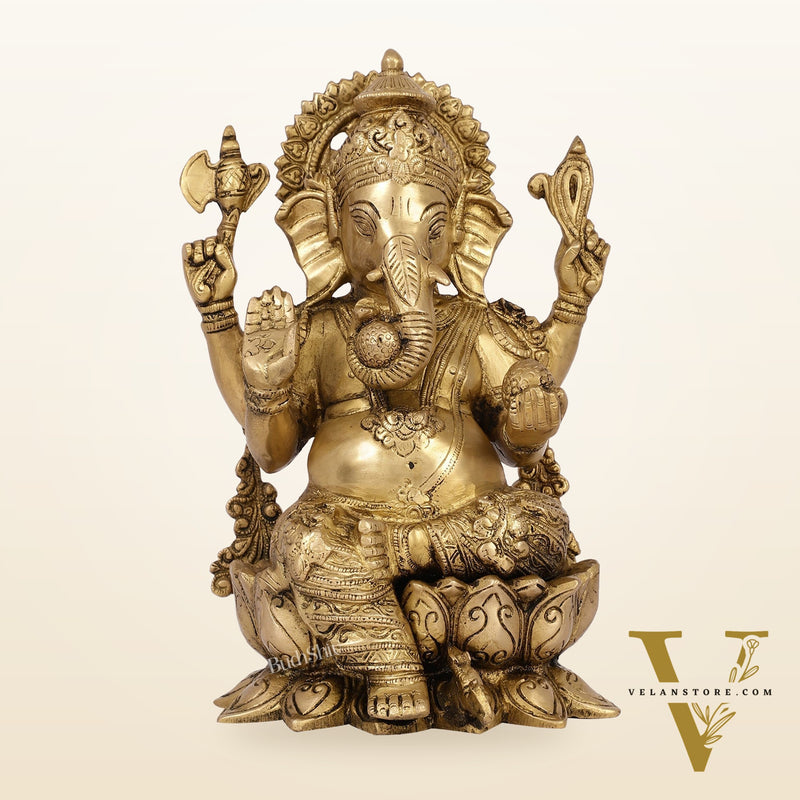 Brass Handcrafted Ganesha idol with trunk on right side 12 inch