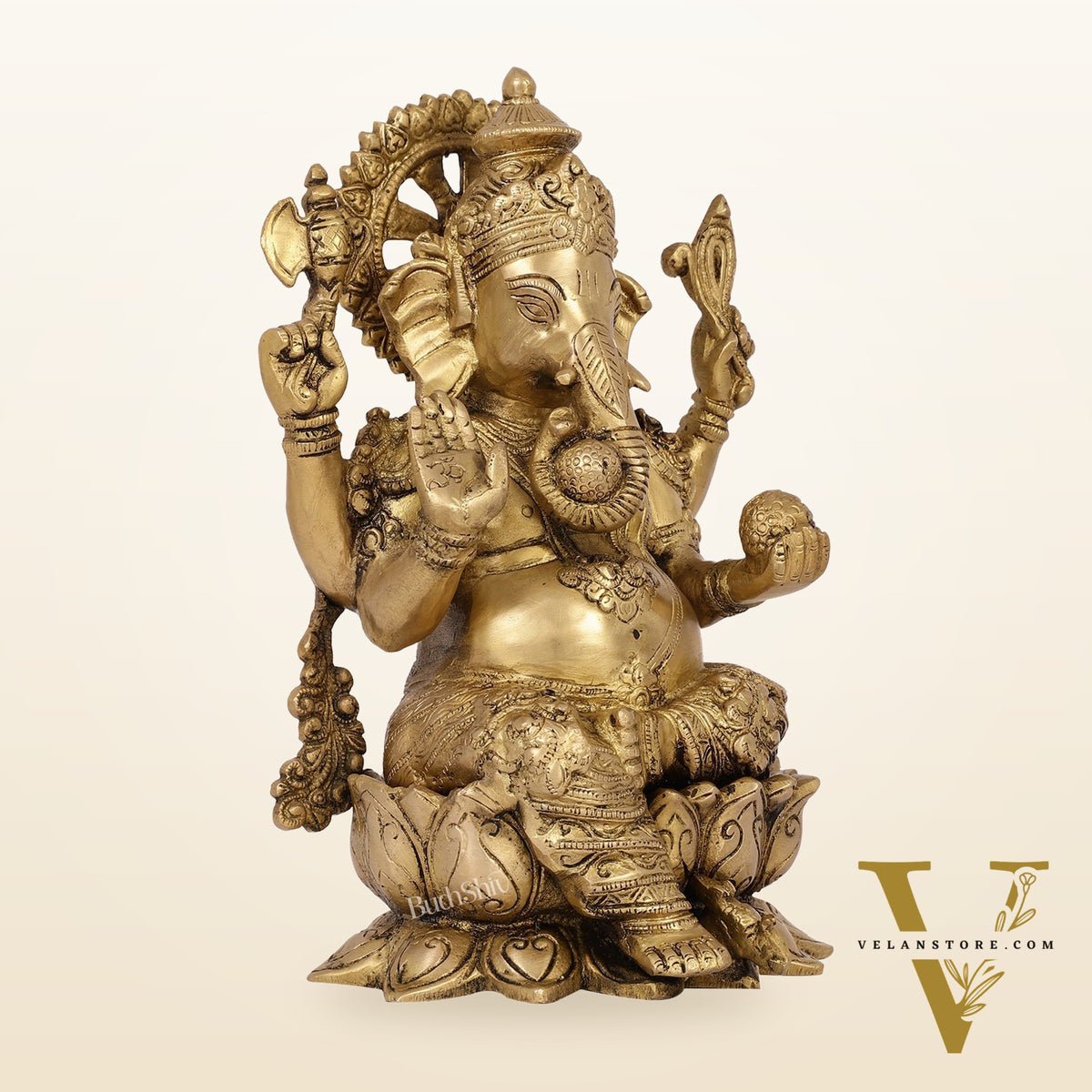 Brass Handcrafted Ganesha idol with trunk on right side 12 inch