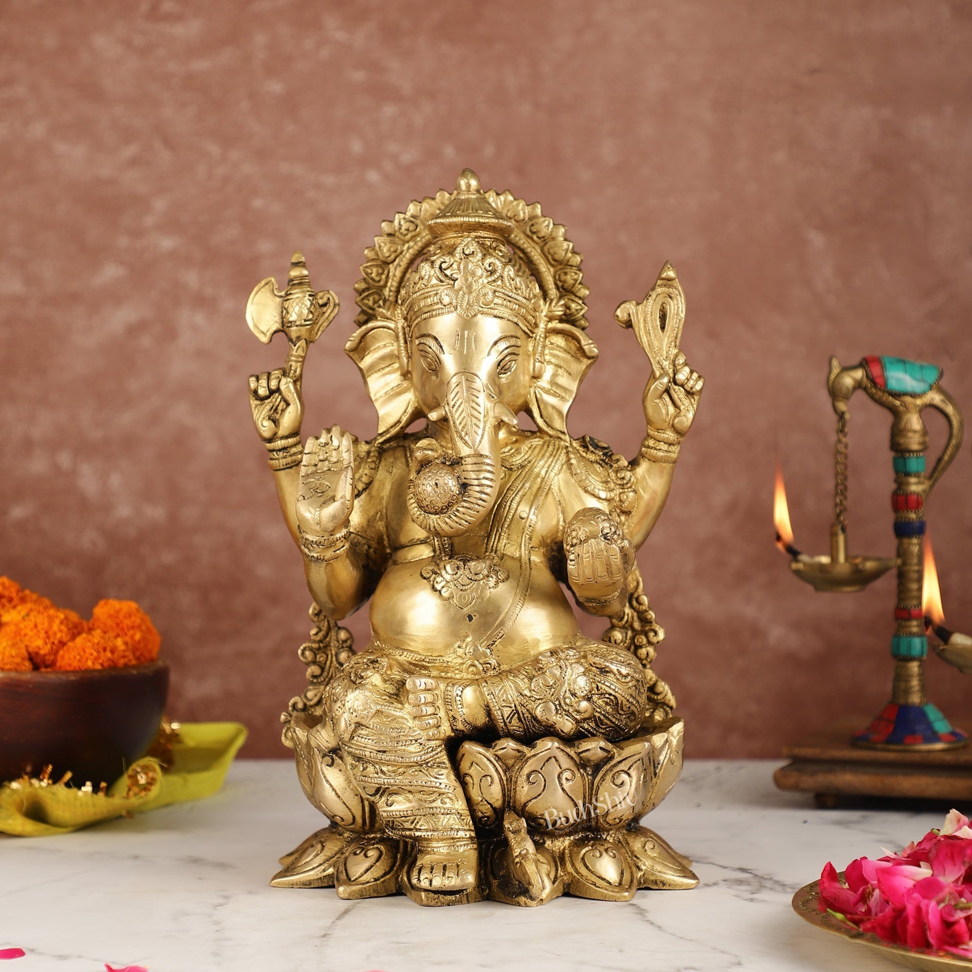 Brass Handcrafted Ganesha idol with trunk on right side 12 inch