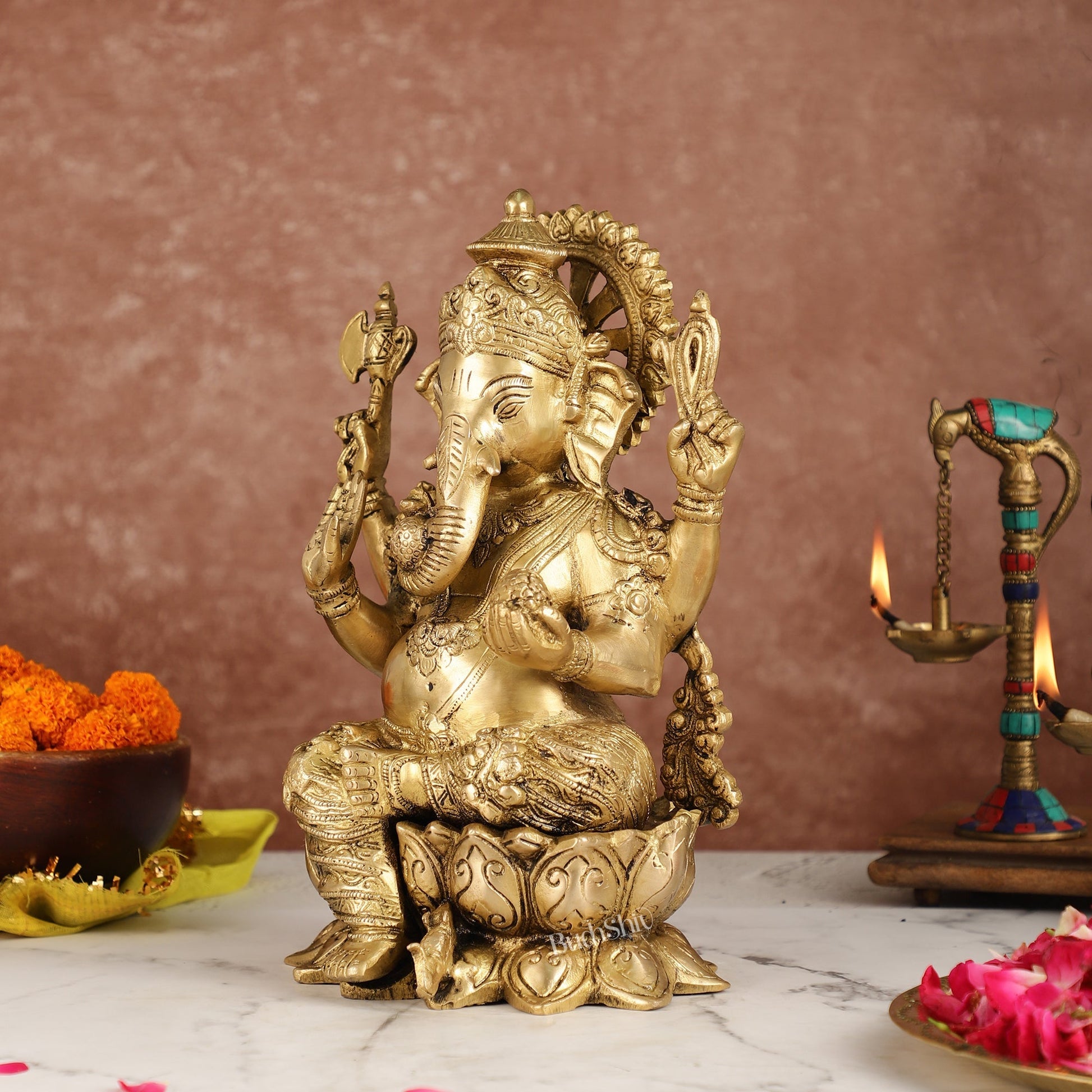 Brass Handcrafted Ganesha idol with trunk on right side 12 inch