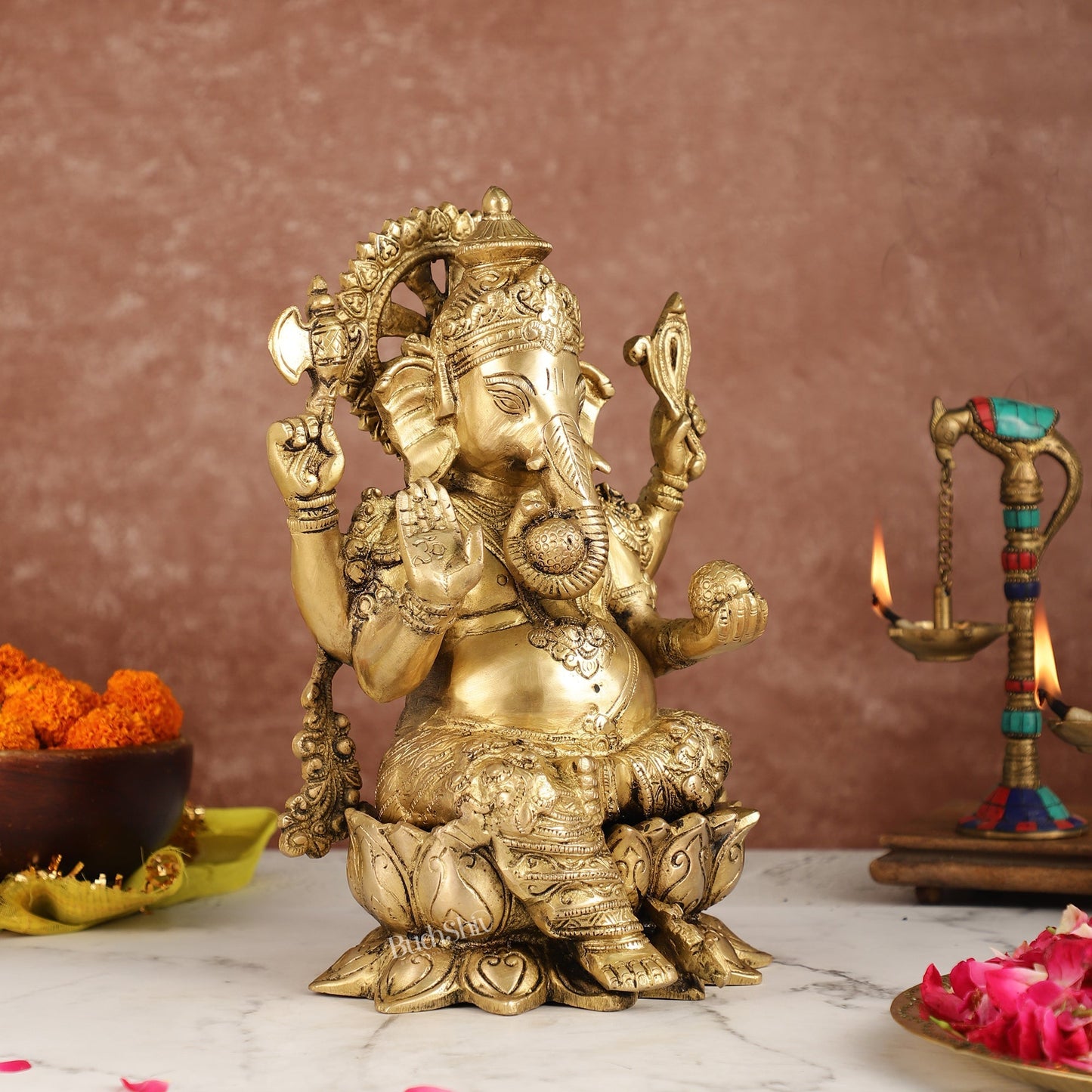 Brass Handcrafted Ganesha idol with trunk on right side 12 inch