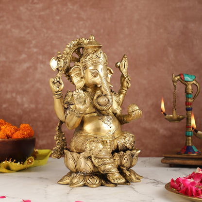 Brass Handcrafted Ganesha idol with trunk on right side 12 inch