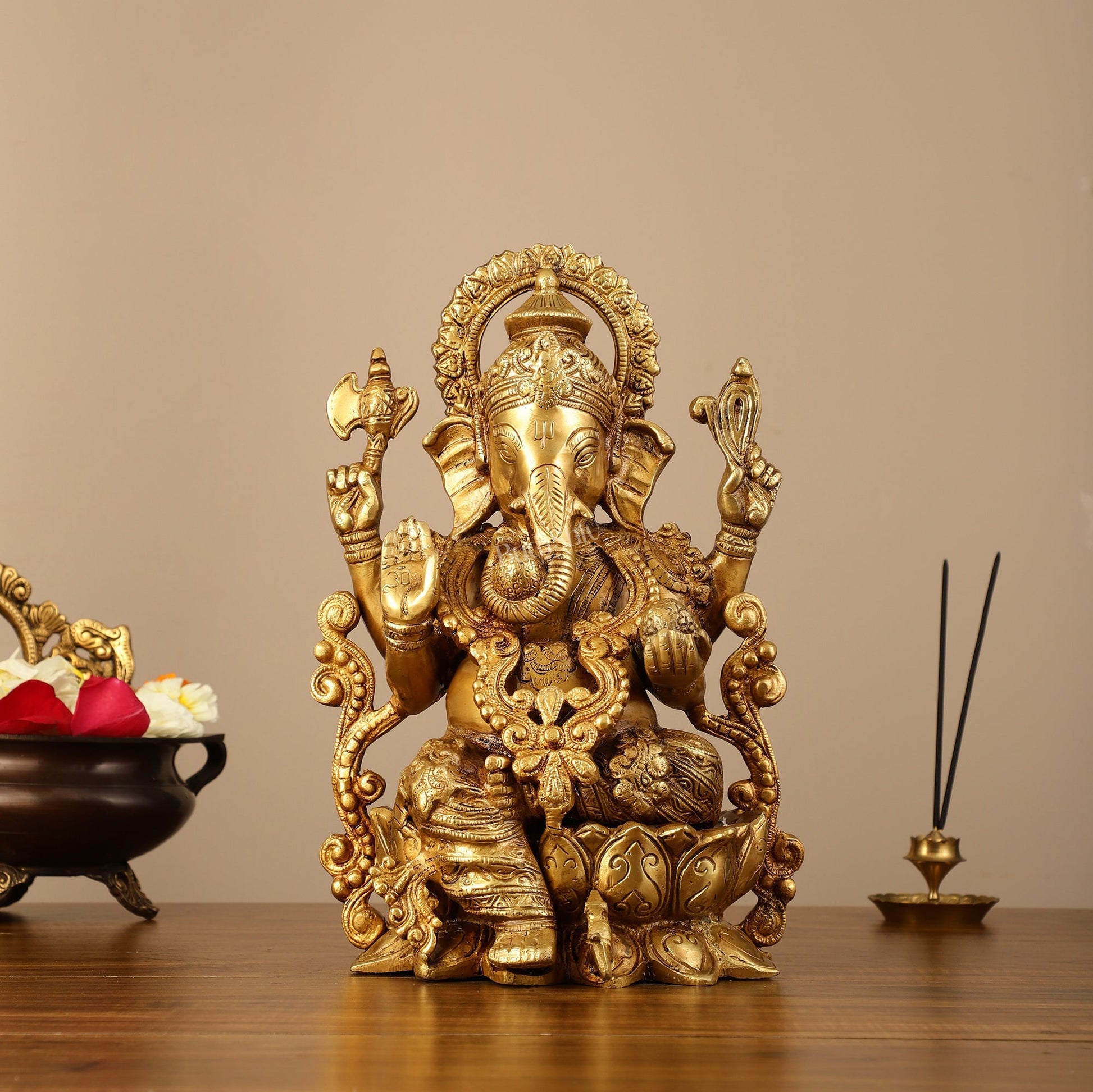 Brass Handcrafted Ganesha idol with trunk on right side 12 inch