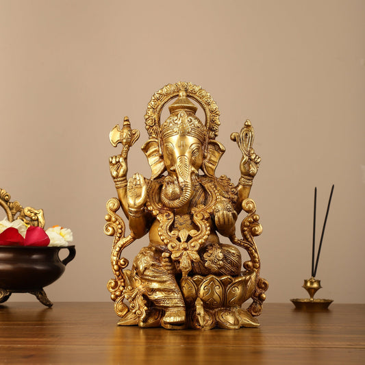 Brass Handcrafted Ganesha idol with trunk on right side 12 inch