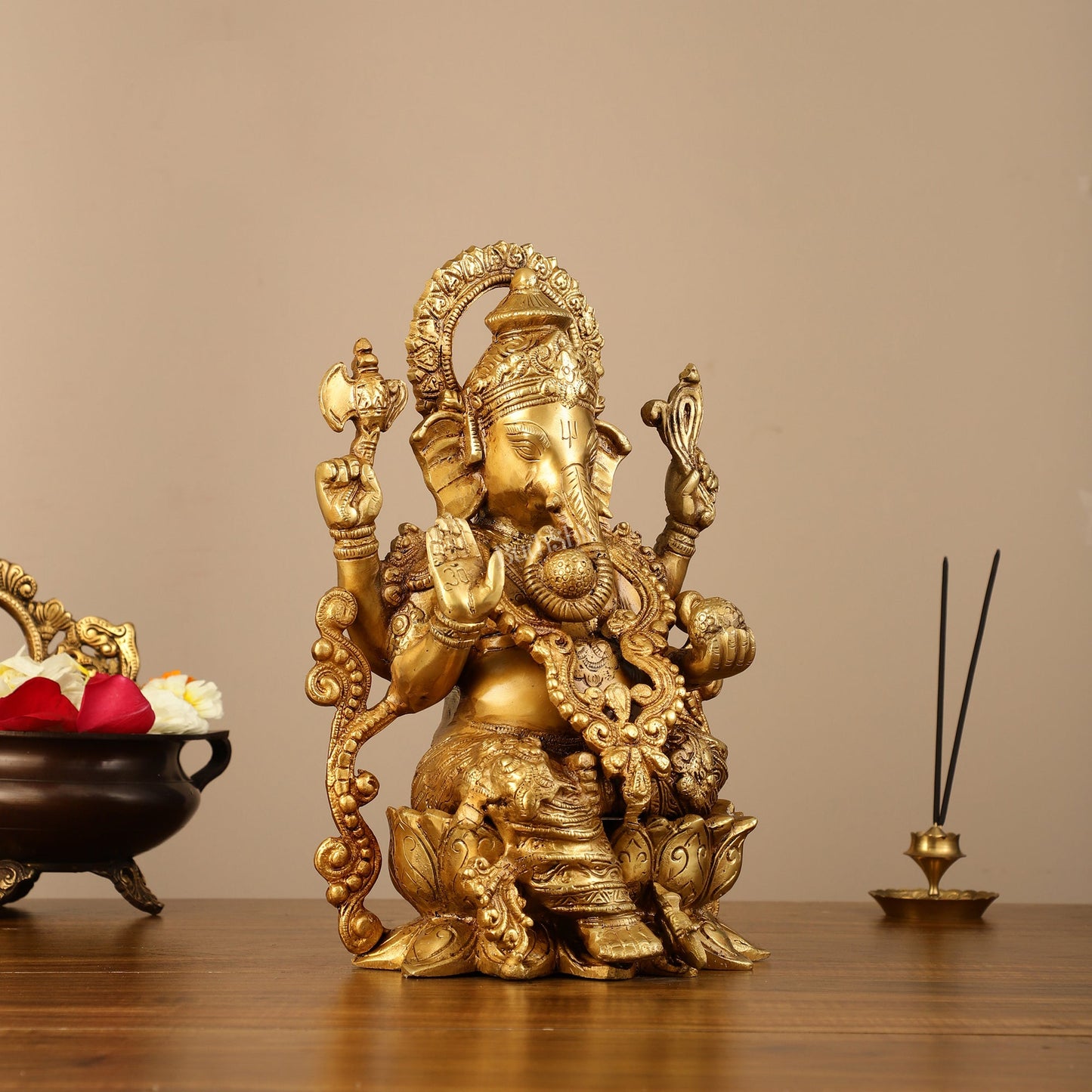 Brass Handcrafted Ganesha idol with trunk on right side 12 inch