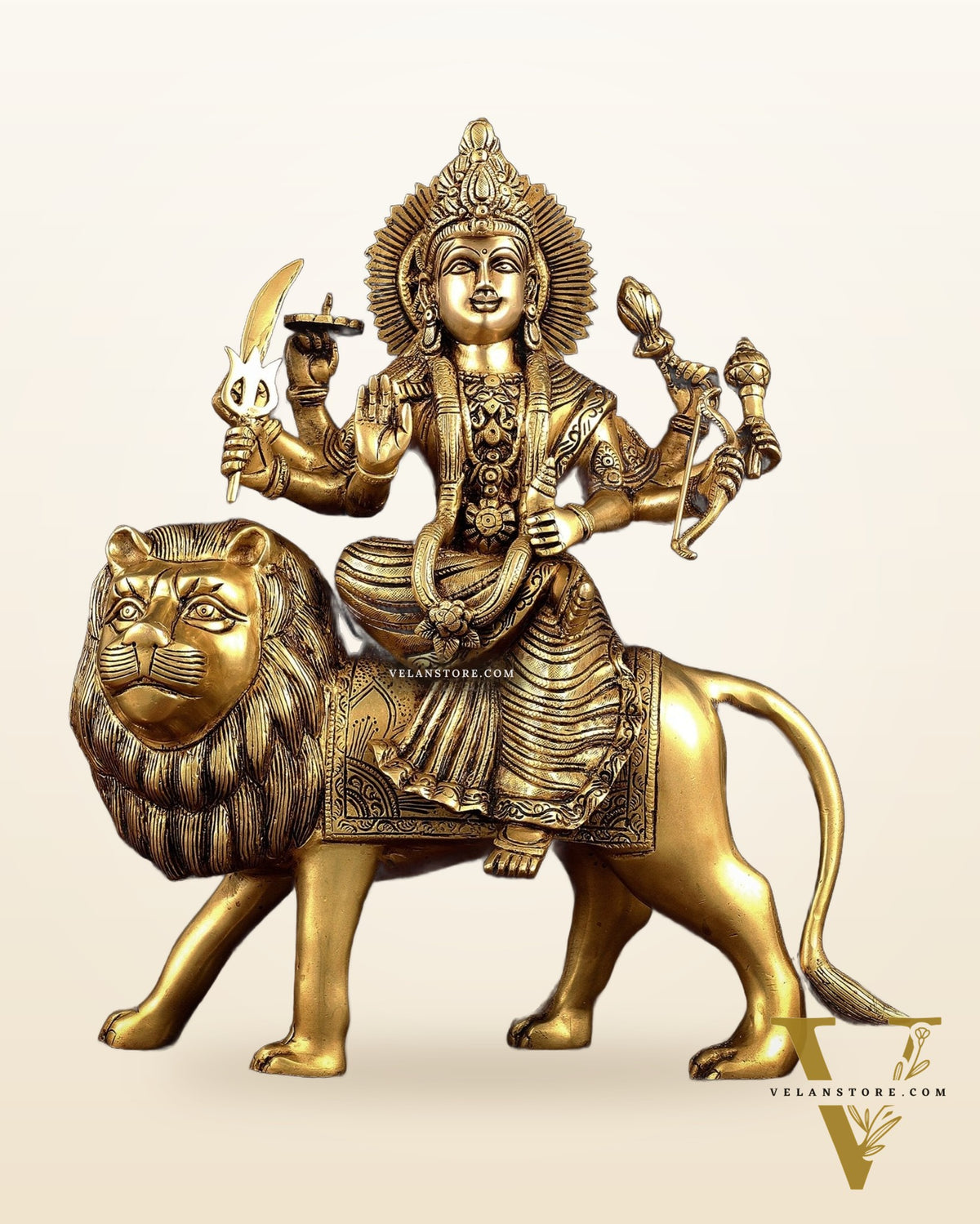 Brass Handcrafted Goddess Durga Statue – 17 Inches,  Intricate Sherawali Mata Murti