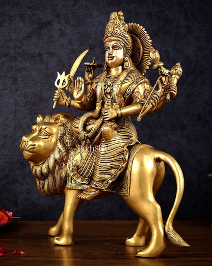Brass Handcrafted Goddess Durga Statue – 17 Inches,  Intricate Sherawali Mata Murti