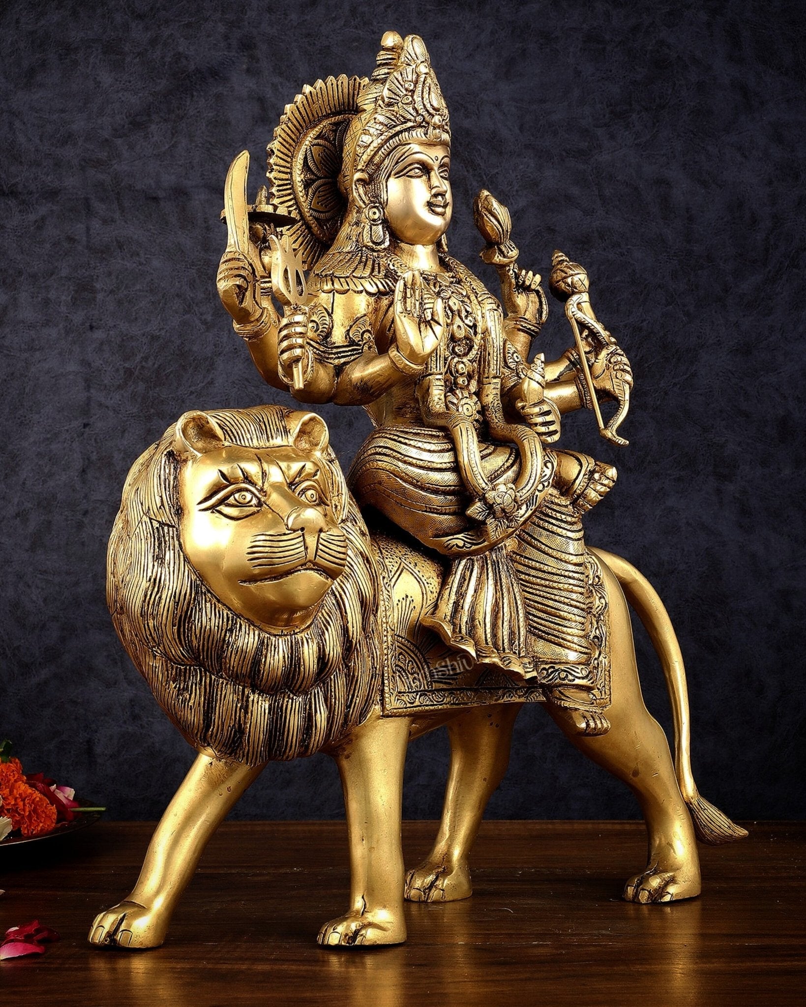 Brass Handcrafted Goddess Durga Statue – 17 Inches,  Intricate Sherawali Mata Murti