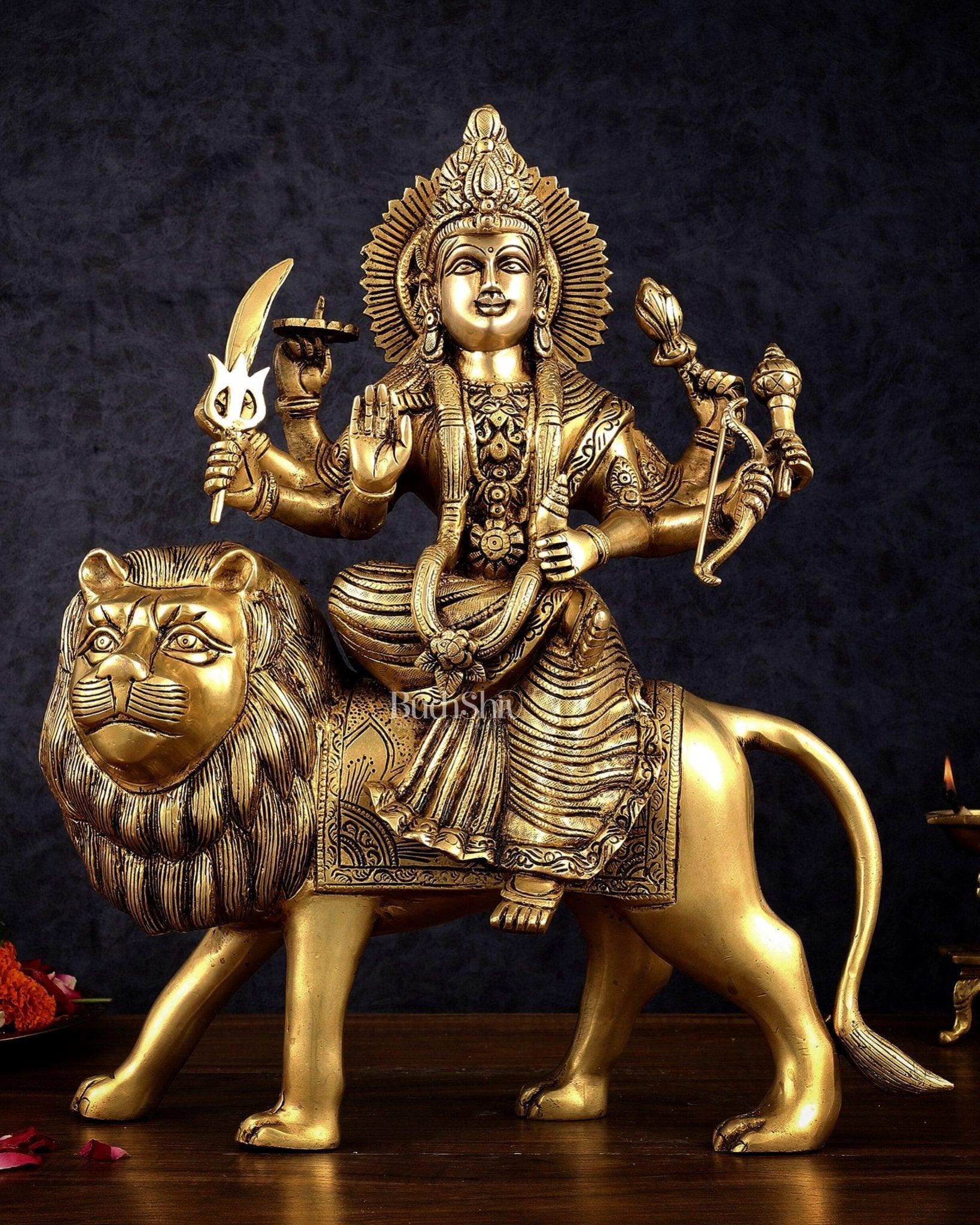 Brass Handcrafted Goddess Durga Statue – 17 Inches,  Intricate Sherawali Mata Murti