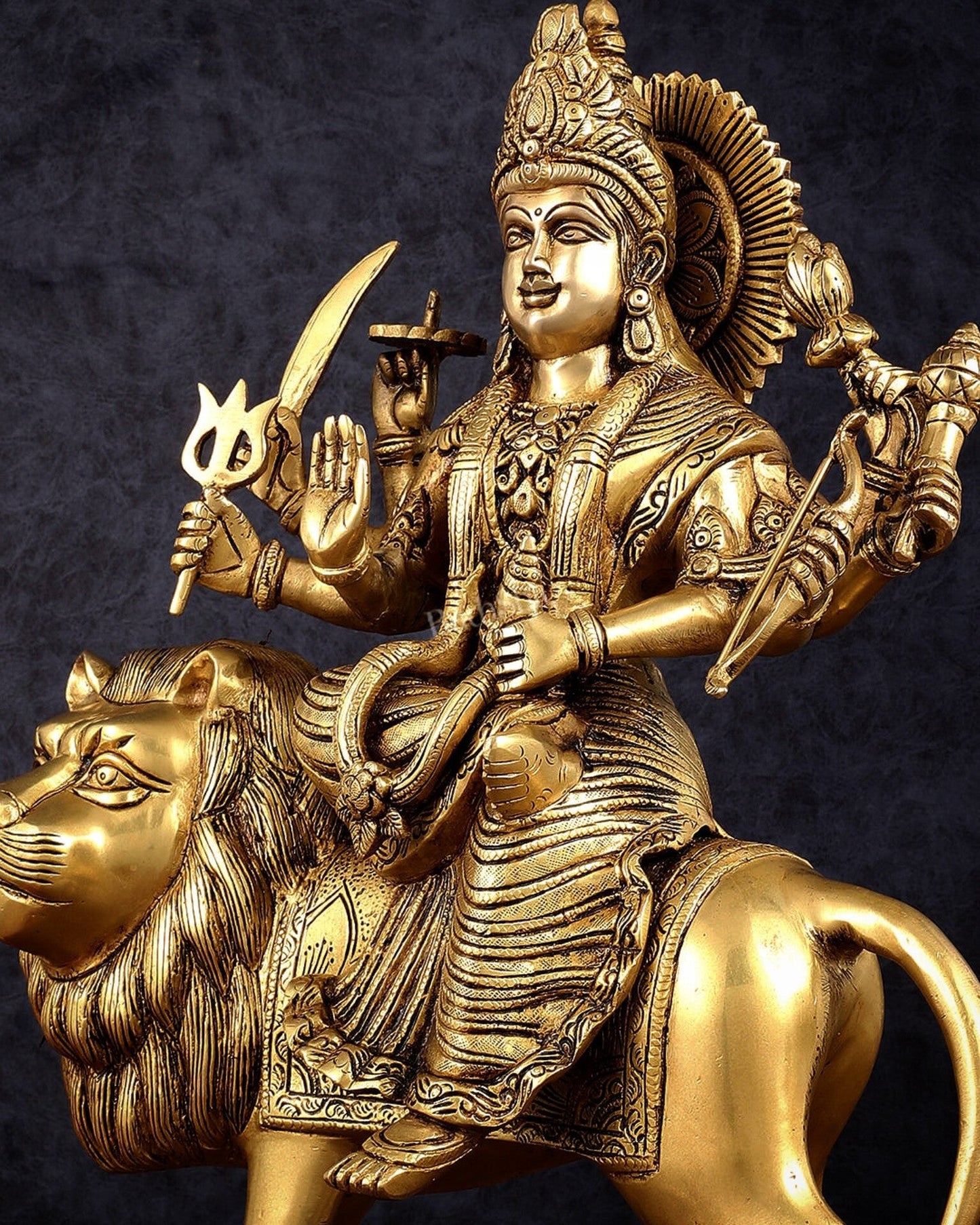 Brass Handcrafted Goddess Durga Statue – 17 Inches,  Intricate Sherawali Mata Murti
