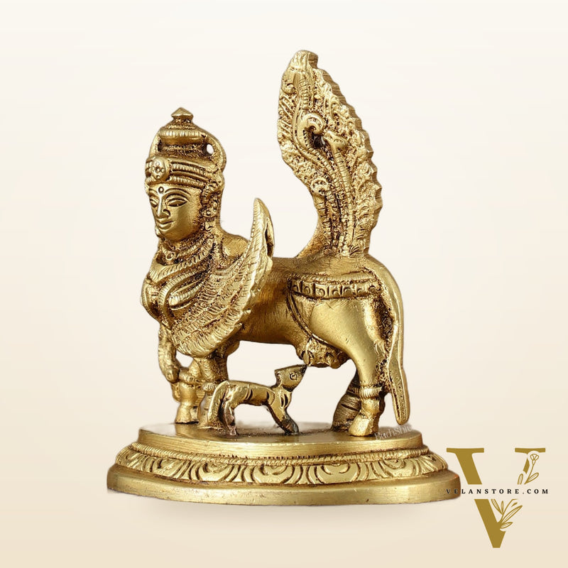Brass Handcrafted Kamdhenu Cow with Calf Idol - Gold Finish, Divine Symbol of Abundance