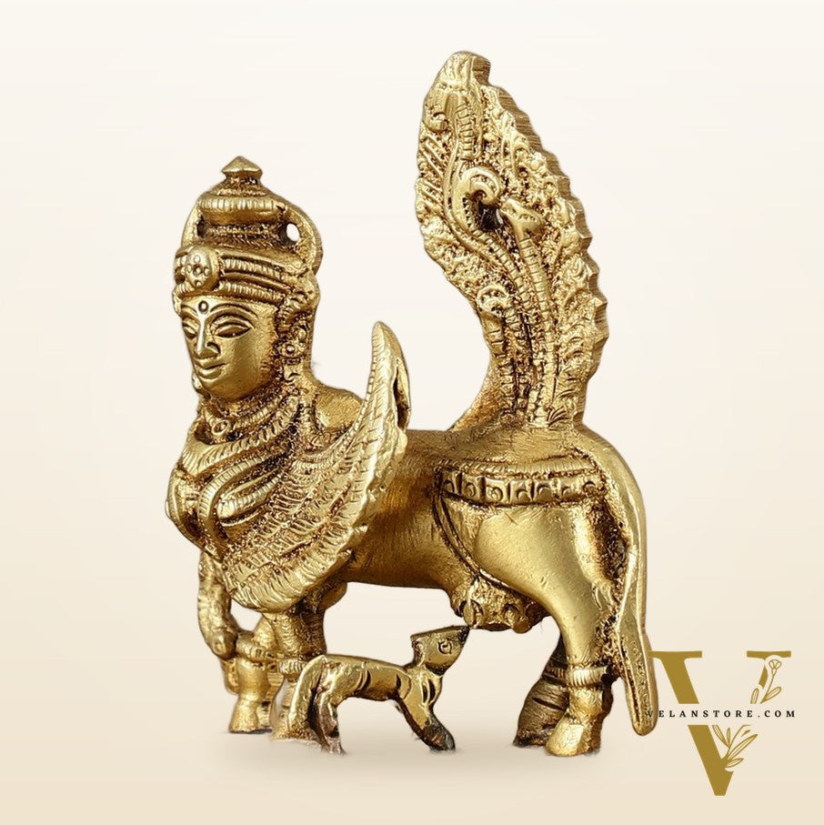 Brass Handcrafted Kamdhenu Cow with Calf Idol - Gold Finish, Divine Symbol of Abundance