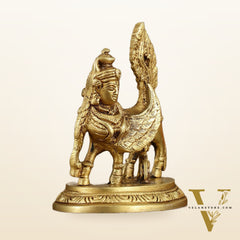 Brass Handcrafted Kamdhenu Cow with Calf Idol - Gold Finish, Divine Symbol of Abundance