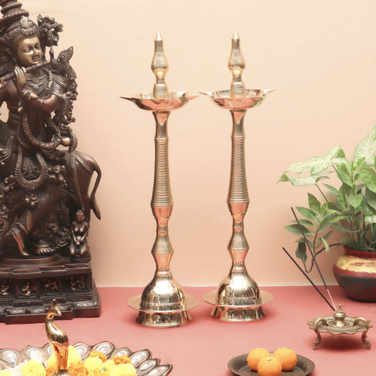 Brass Handcrafted Kerala Kuthu Vilakku with Beautiful Carvings | Fine Quality Brass Sheet | 24" Height