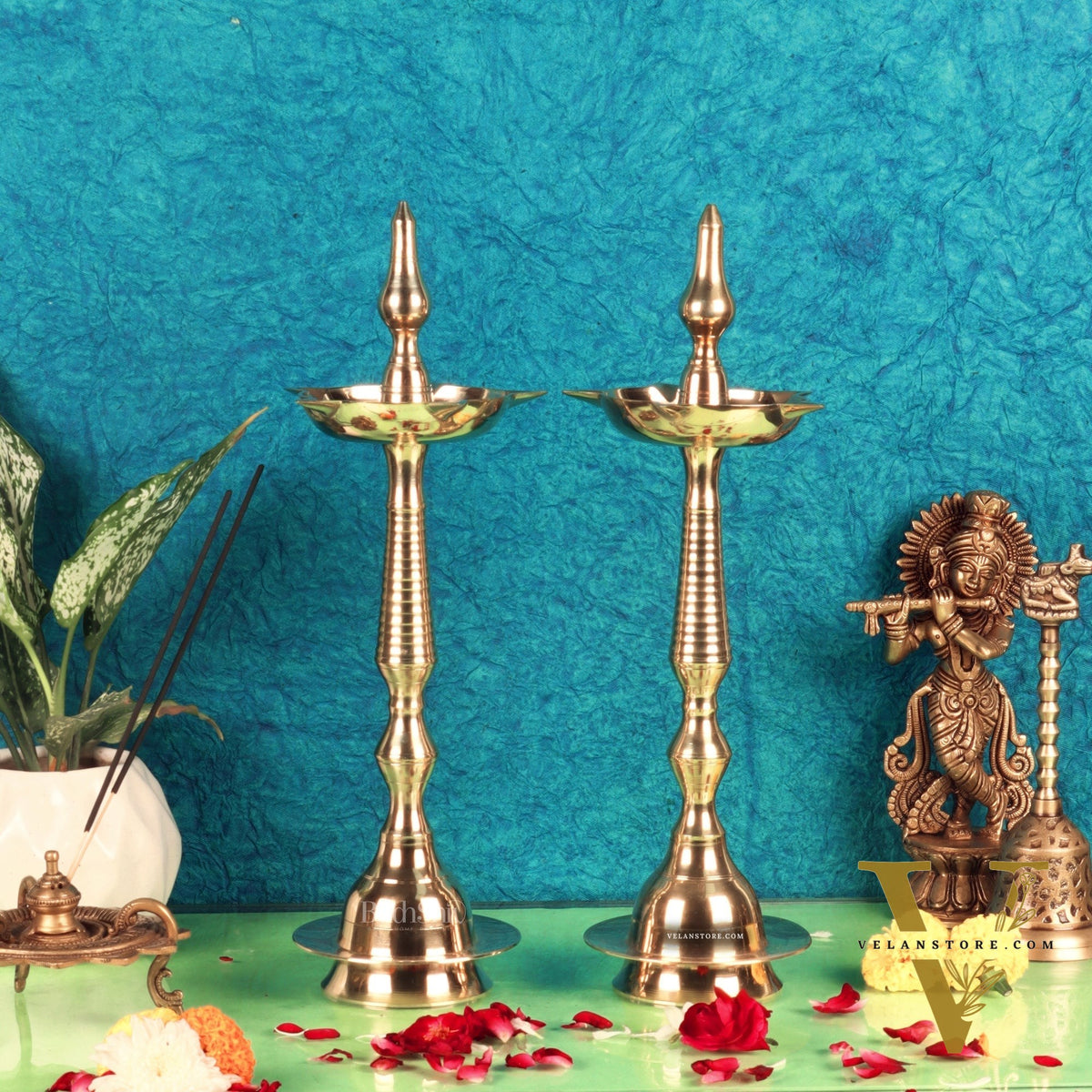 Brass Handcrafted Kerala Kuthu Vilakku with Carvings | Fine Quality Brass | 15.5" Height | Set of 2