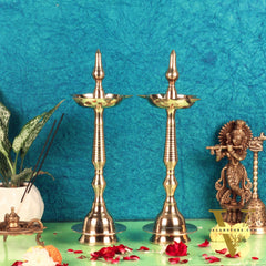Brass Handcrafted Kerala Kuthu Vilakku with Carvings | Fine Quality Brass | 15.5" Height | Set of 2