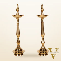 Brass Handcrafted Kerala Kuthu Vilakku with Carvings | Fine Quality Brass | 15.5" Height | Set of 2