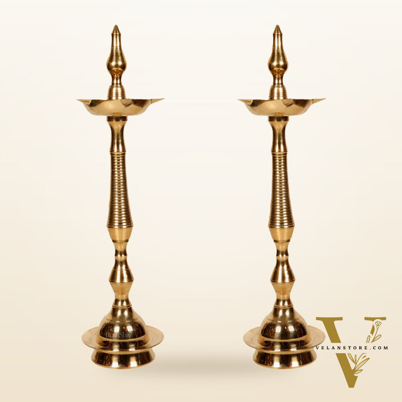 Brass Handcrafted Kerala Kuthu Vilakku with Carvings | Fine Quality Brass | 15.5" Height | Set of 2