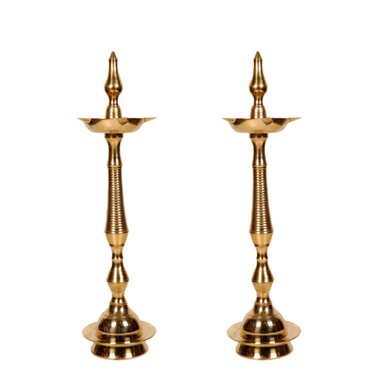 Brass Handcrafted Kerala Kuthu Vilakku with Carvings | Fine Quality Brass | 15.5" Height | Set of 2