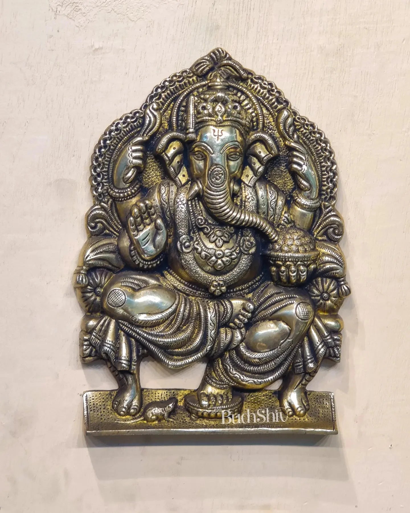 Brass Handcrafted King Ganesha Wall Hanging Statue | Antique Charcoal Finish | Height 11.5 inches