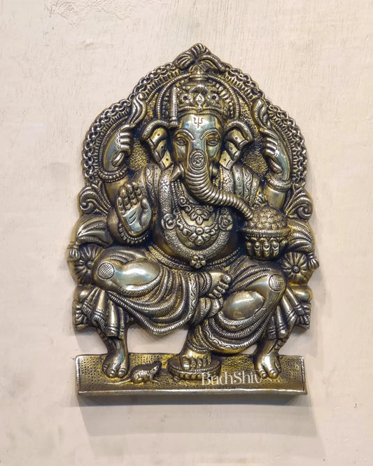 Brass Handcrafted King Ganesha Wall Hanging Statue | Antique Charcoal Finish | Height 11.5 inches