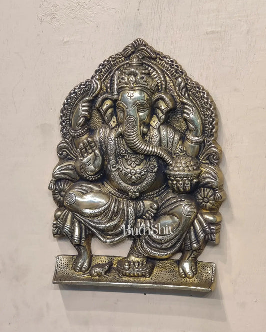 Brass Handcrafted King Ganesha Wall Hanging Statue | Antique Charcoal Finish | Height 11.5 inches