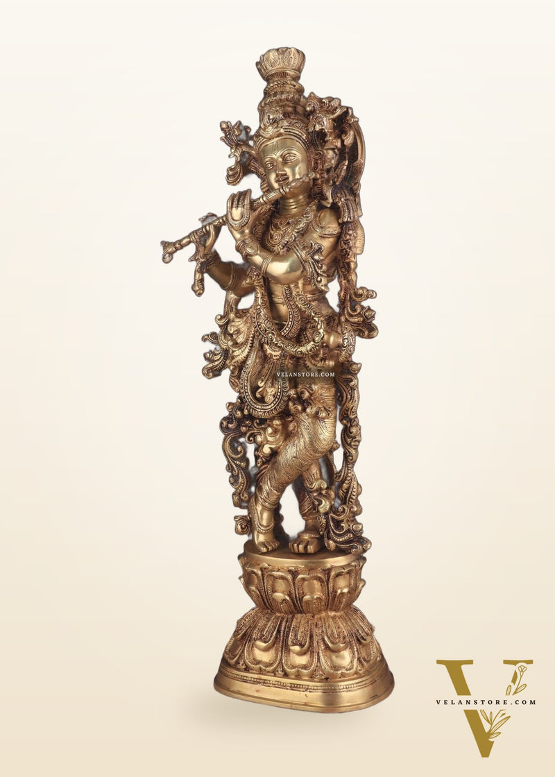 Brass Handcrafted Krishna Playing Flute Idol – 29 Inch | 18 kg