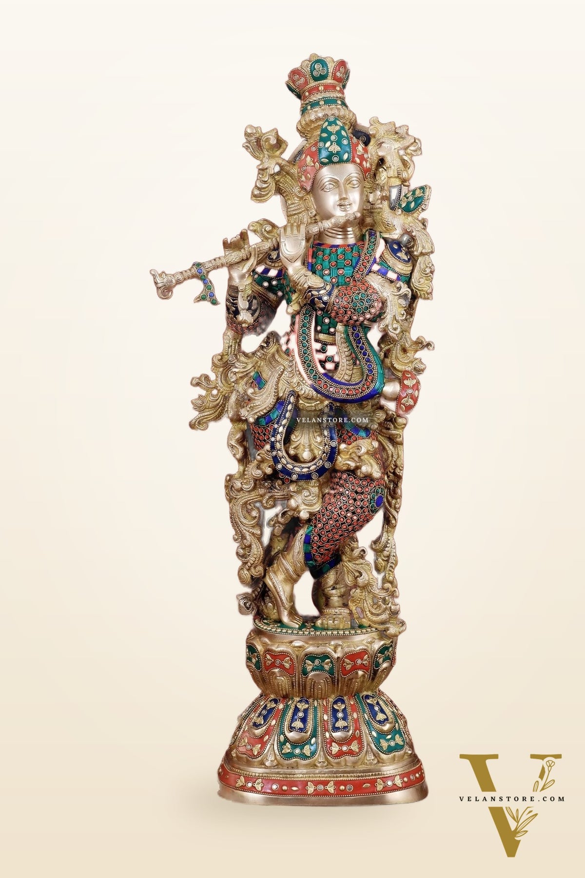 Brass Handcrafted Krishna Playing Flute Statue - 29" Tall