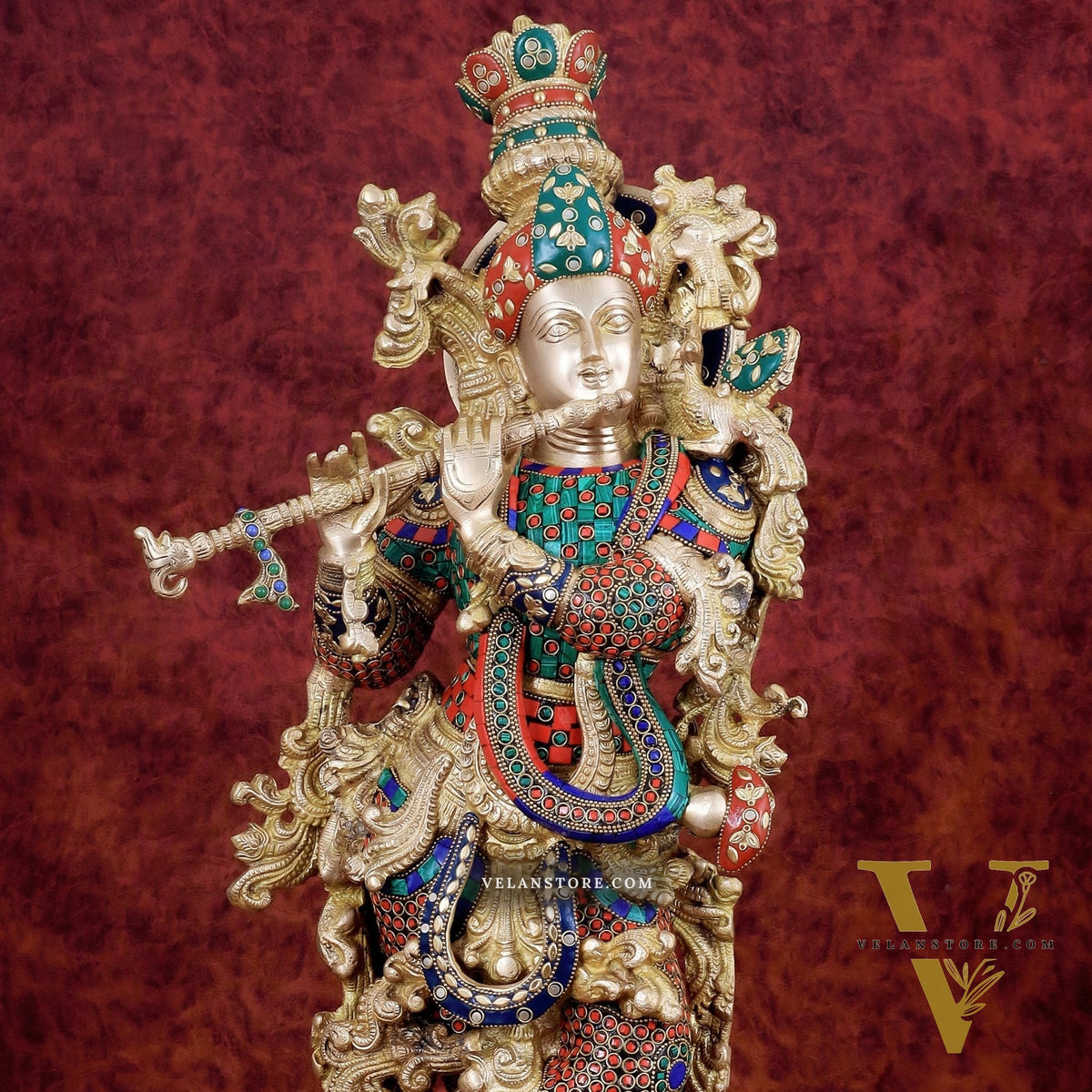Brass Handcrafted Krishna Playing Flute Statue - 29" Tall