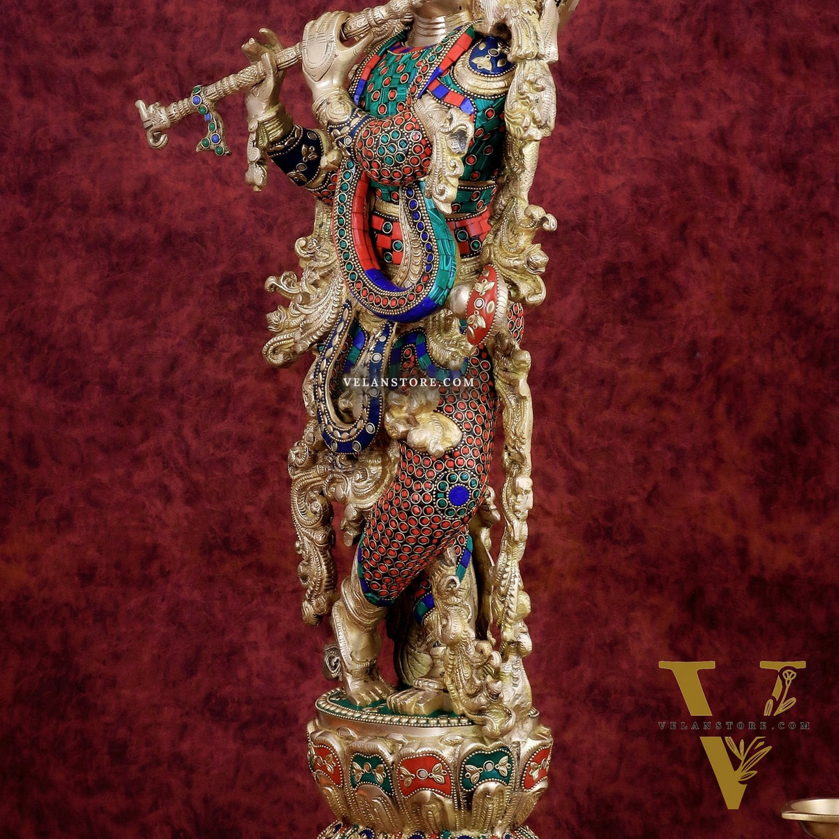 Brass Handcrafted Krishna Playing Flute Statue - 29" Tall