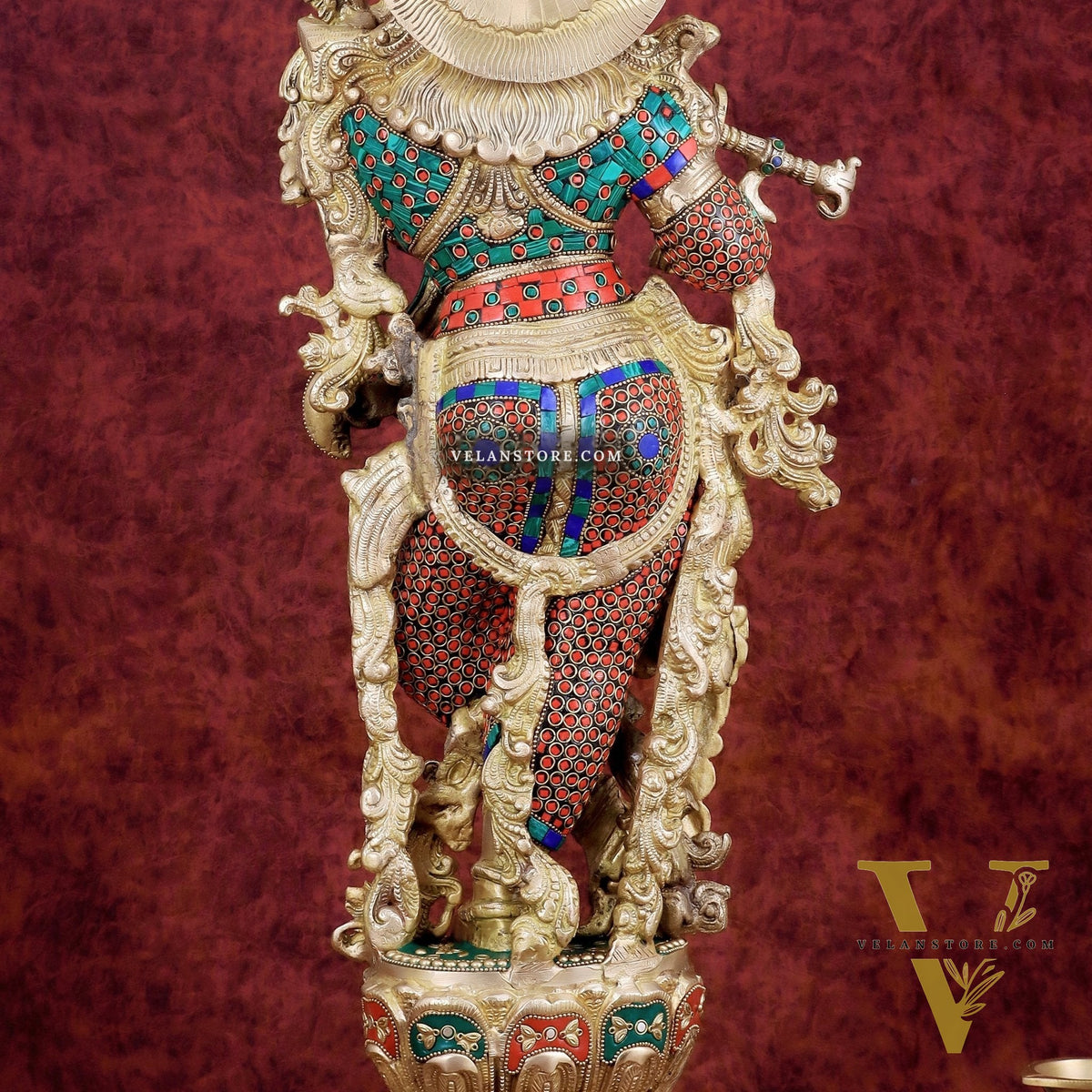 Brass Handcrafted Krishna Playing Flute Statue - 29" Tall