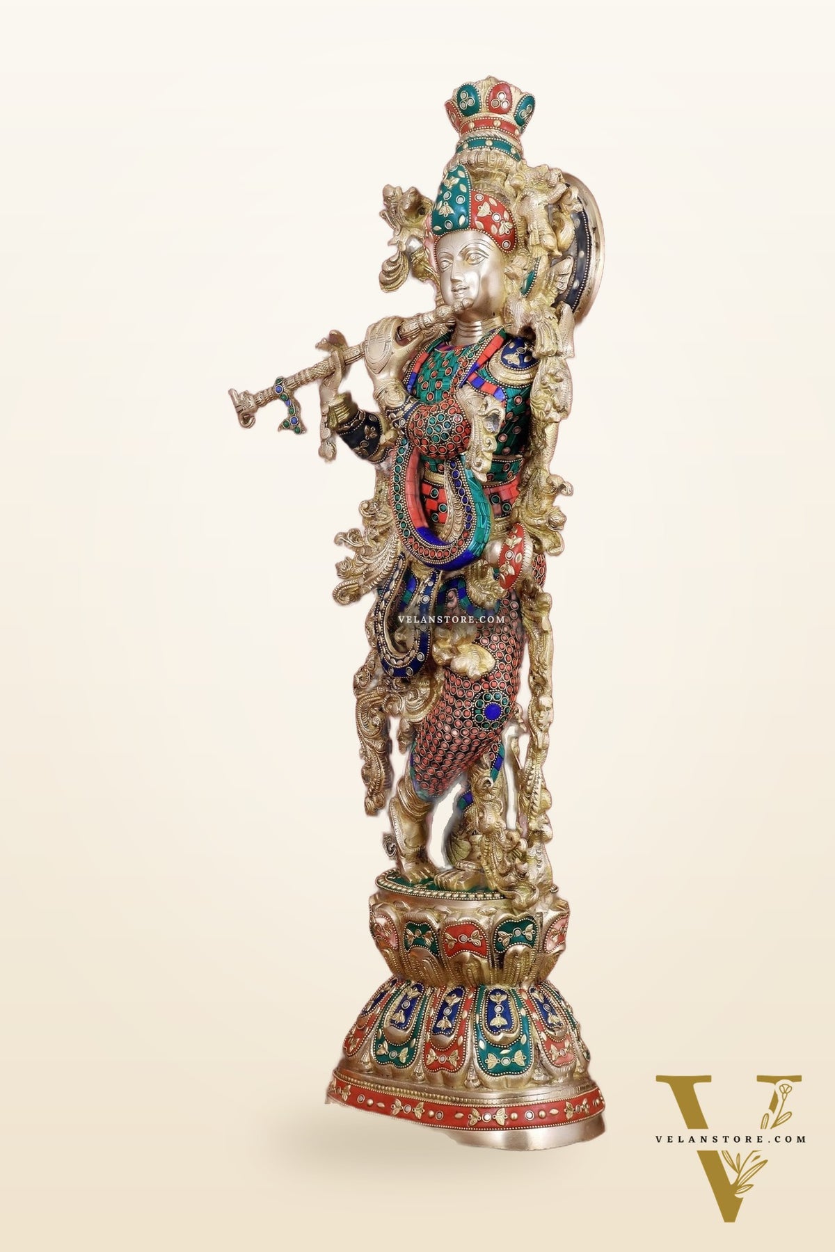 Brass Handcrafted Krishna Playing Flute Statue - 29" Tall