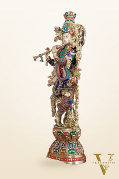 Brass Handcrafted Krishna Playing Flute Statue - 29" Tall