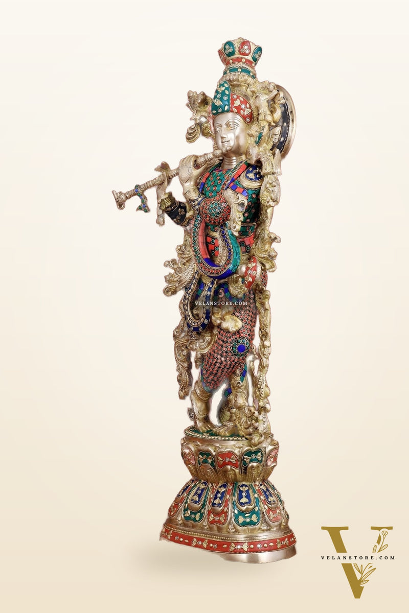 Brass Handcrafted Krishna Playing Flute Statue - 29" Tall