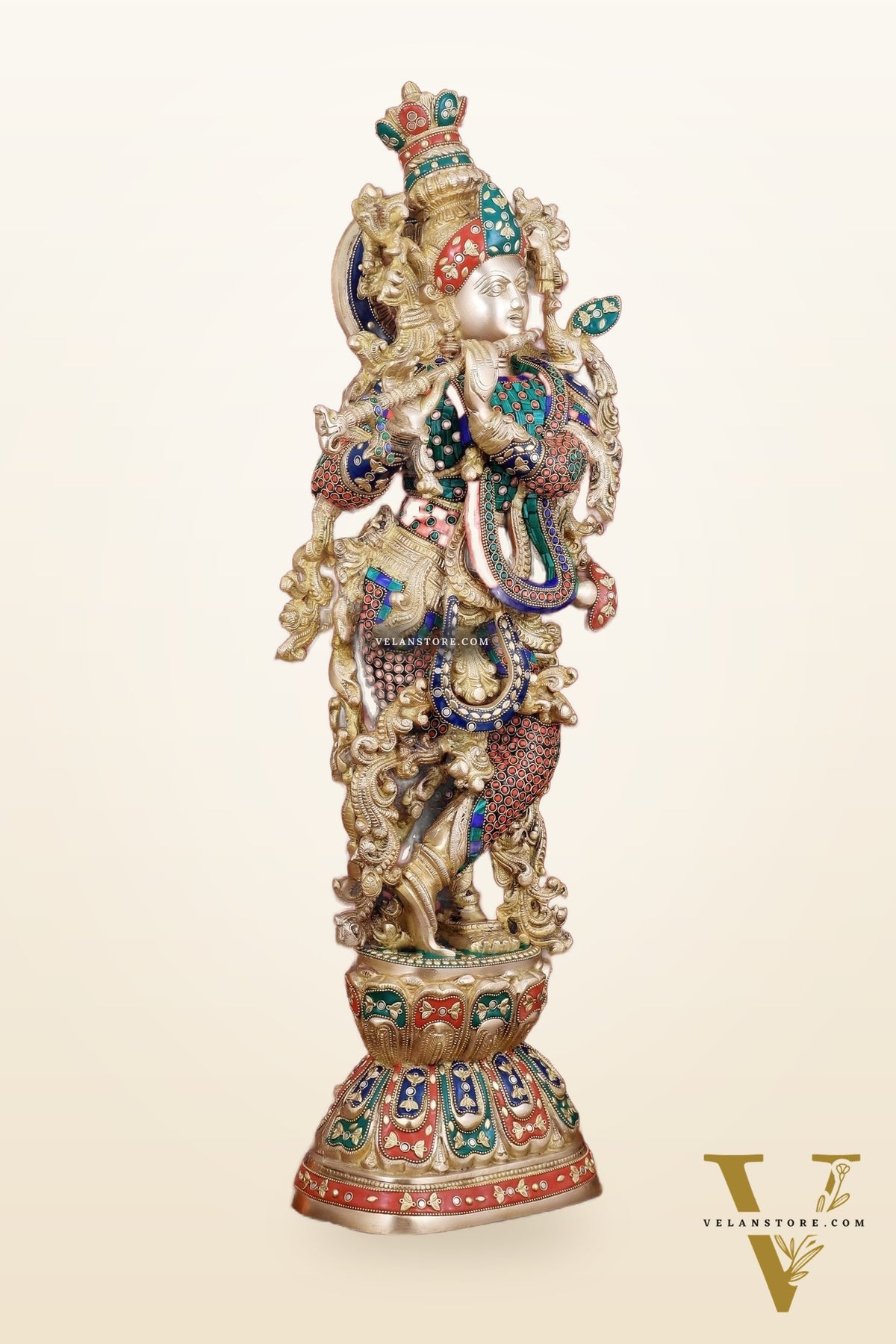 Brass Handcrafted Krishna Playing Flute Statue - 29" Tall