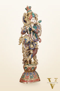 Brass Handcrafted Krishna Playing Flute Statue - 29" Tall