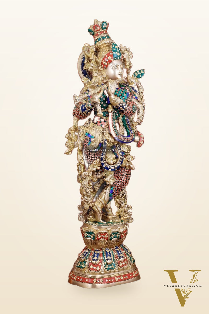 Brass Handcrafted Krishna Playing Flute Statue - 29" Tall