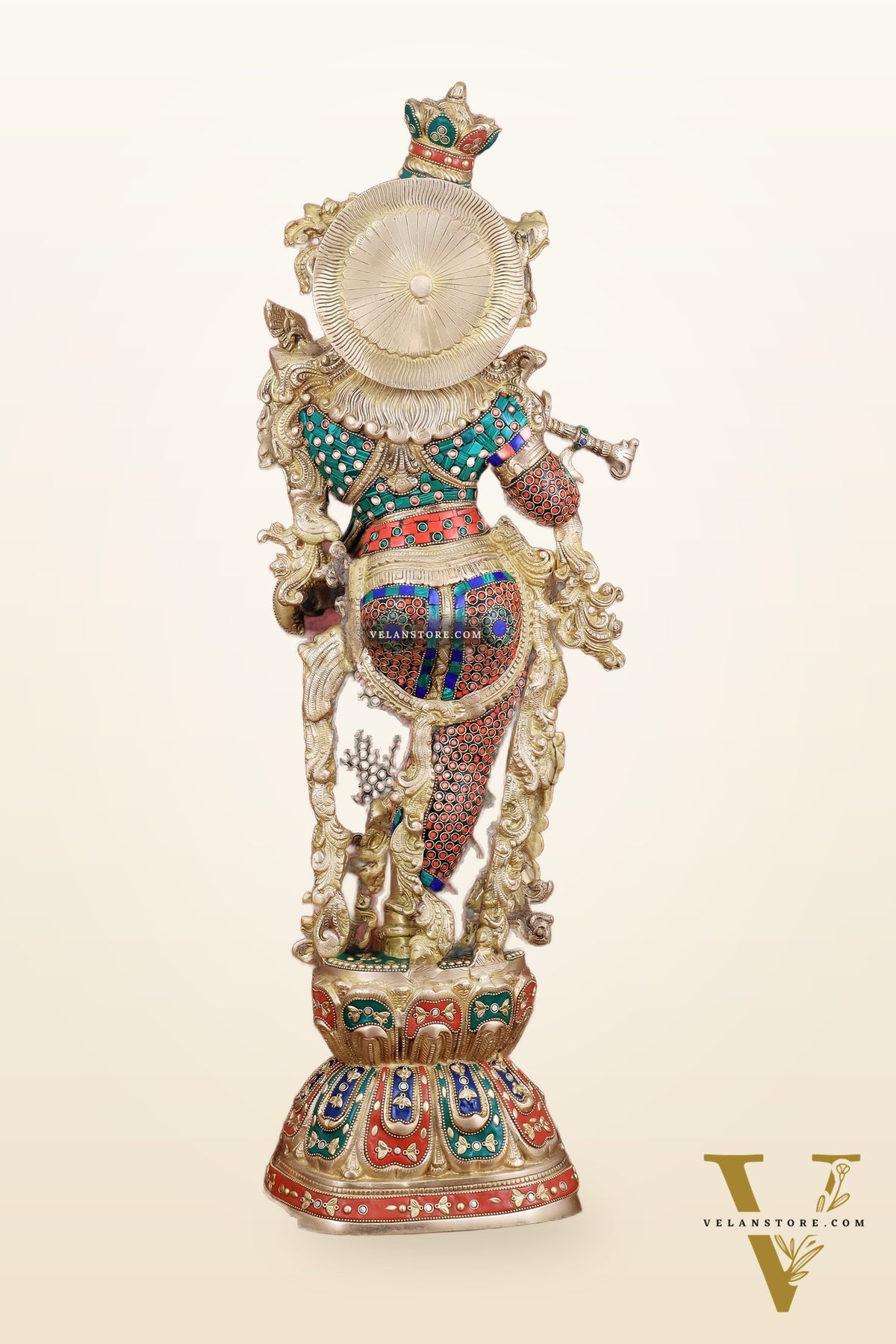 Brass Handcrafted Krishna Playing Flute Statue - 29" Tall