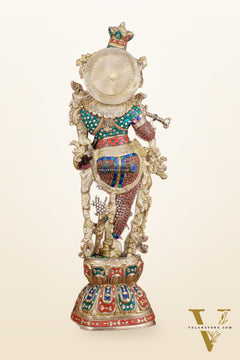 Brass Handcrafted Krishna Playing Flute Statue - 29" Tall