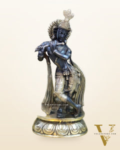 Brass Handcrafted Krishna Playing Flute with Cow Statue - 14 inch