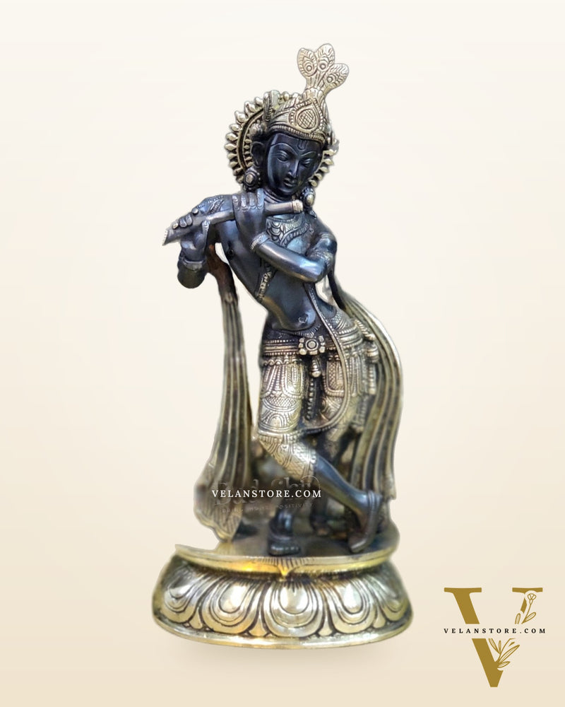 Brass Handcrafted Krishna Playing Flute with Cow Statue - 14 inch