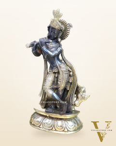 Brass Handcrafted Krishna Playing Flute with Cow Statue - 14 inch