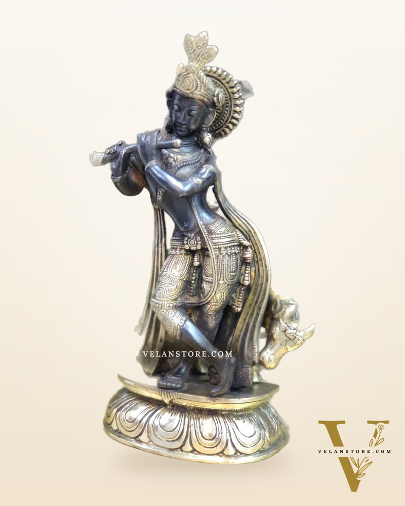 Brass Handcrafted Krishna Playing Flute with Cow Statue - 14 inch