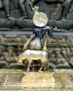 Brass Handcrafted Krishna Playing Flute with Cow Statue - 14 inch