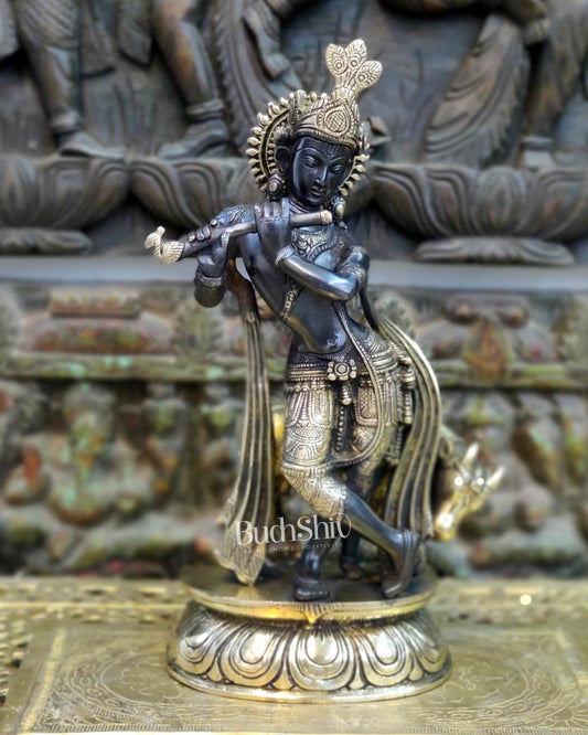 Brass Handcrafted Krishna Playing Flute with Cow Statue - 14 inch