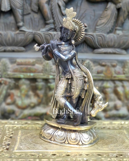 Brass Handcrafted Krishna Playing Flute with Cow Statue - 14 inch