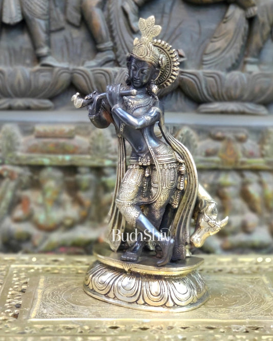 Brass Handcrafted Krishna Playing Flute with Cow Statue - 14 inch