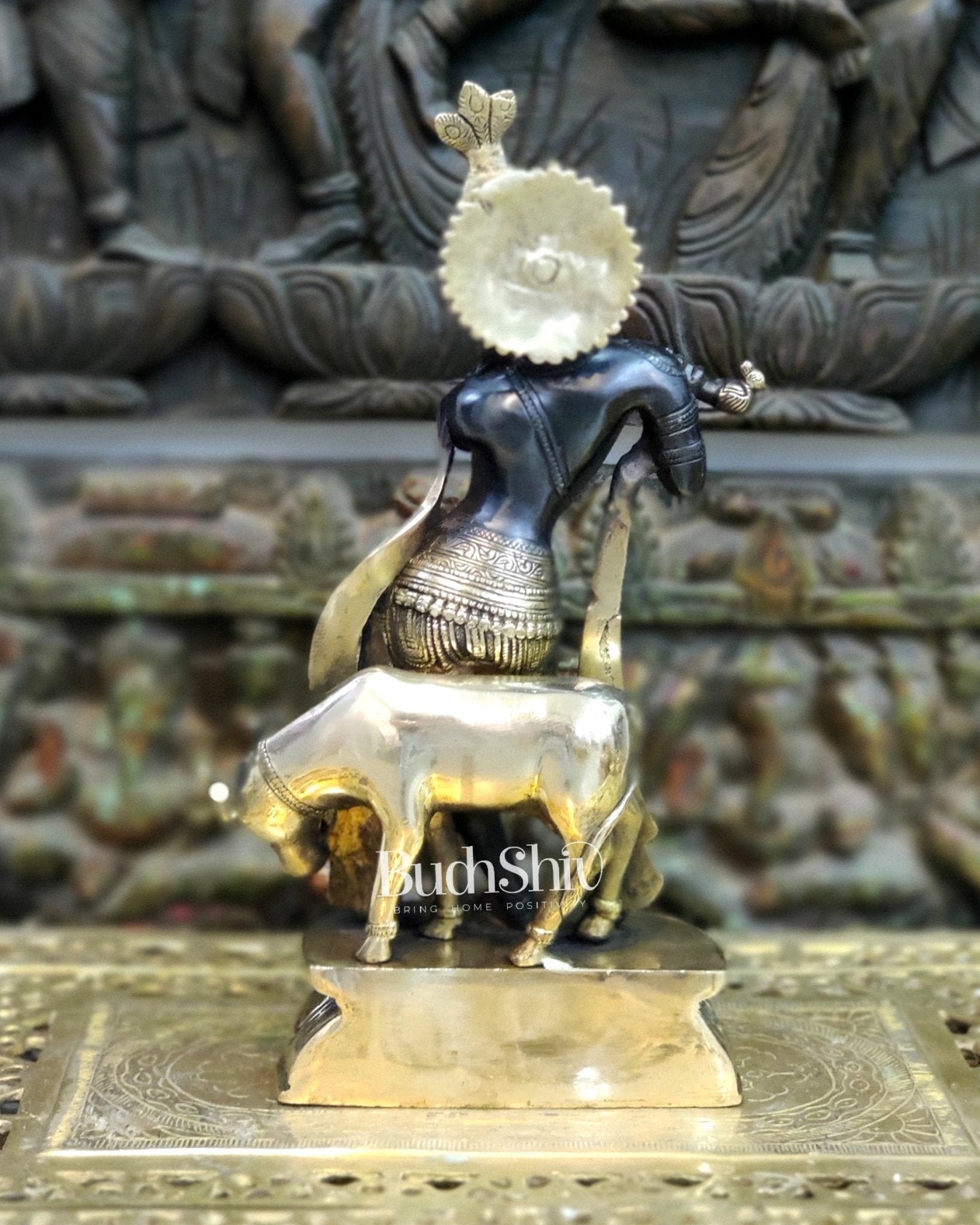 Brass Handcrafted Krishna Playing Flute with Cow Statue - 14 inch