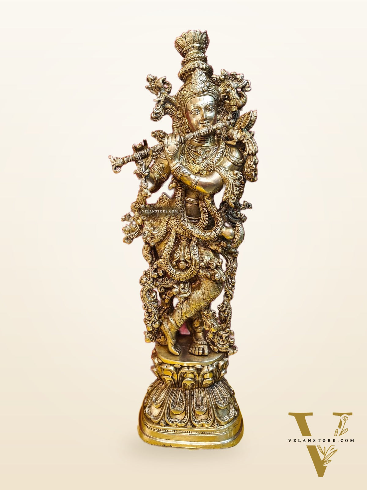 Brass Handcrafted Krishna Playing the Flute - Divine Melodic Splendor Glossy Gold 29"