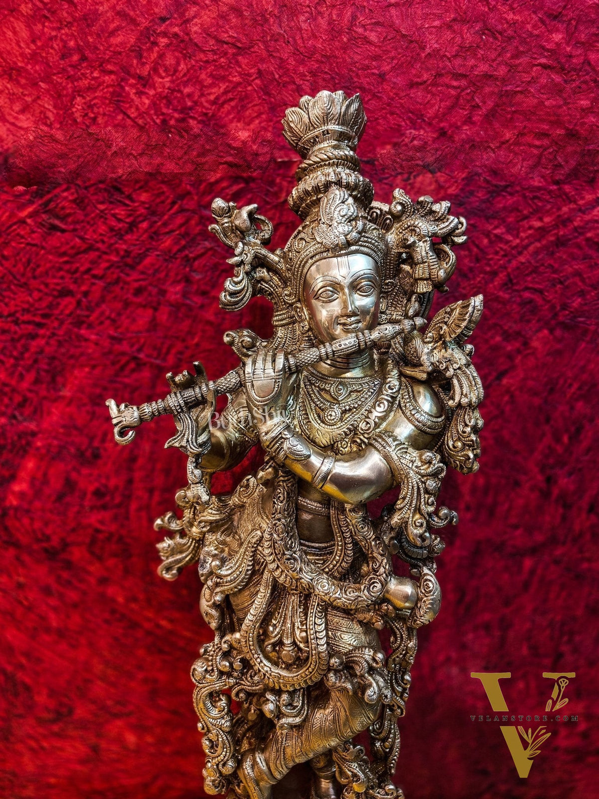 Brass Handcrafted Krishna Playing the Flute - Divine Melodic Splendor Glossy Gold 29"